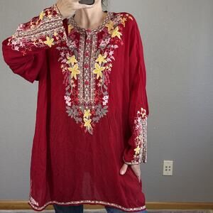 Johnny Was Womens Lilianna Embroidered Floral Tunic Top Shirt Plus Size 2X Red